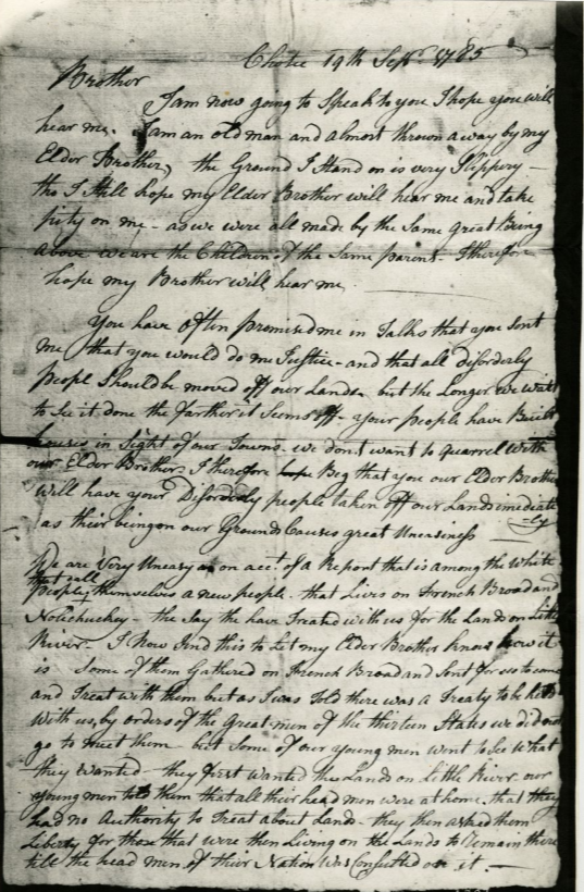 Two pages of letter in cursive writing. Chief Old Tassel addresses the Governors of North Carolina and Virginia.