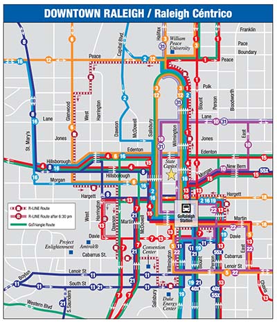 Map of the bus routes in downtown Raleigh, N.C. From GoRaleigh, City of Raleigh, N.C., May 2017.