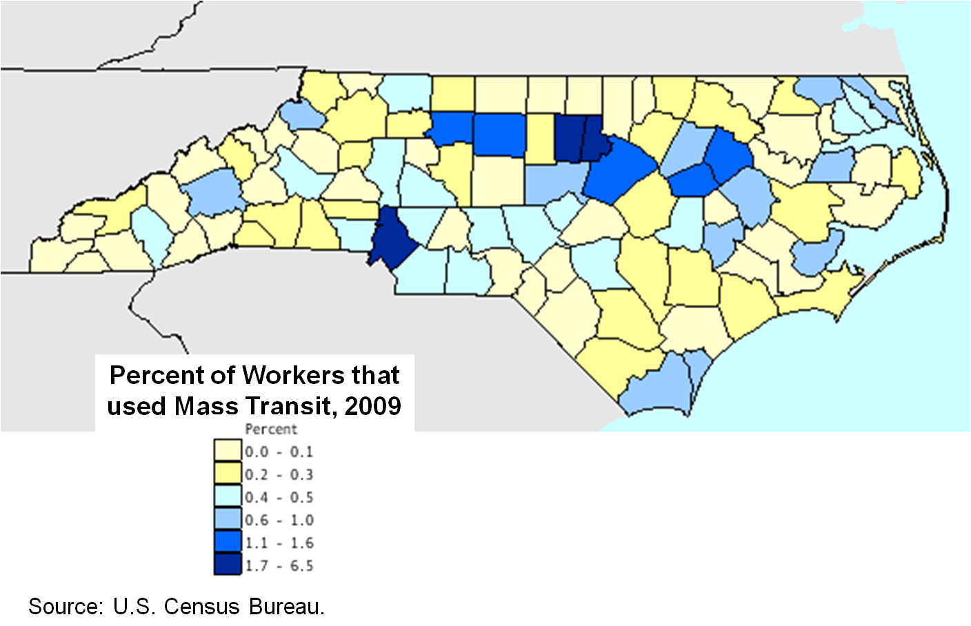 Took public transit to work by county, 2009