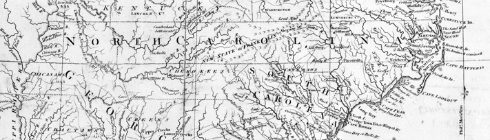 The Joseph Purcell map of 1792 showing the boundaries of North Carolina extending to the Mississippi River. Near the center of the state along the western slopes of the Appalachians the map also locates the “New State of Franklin.” North Carolina Collection, University of North Carolina at Chapel Hill Library.