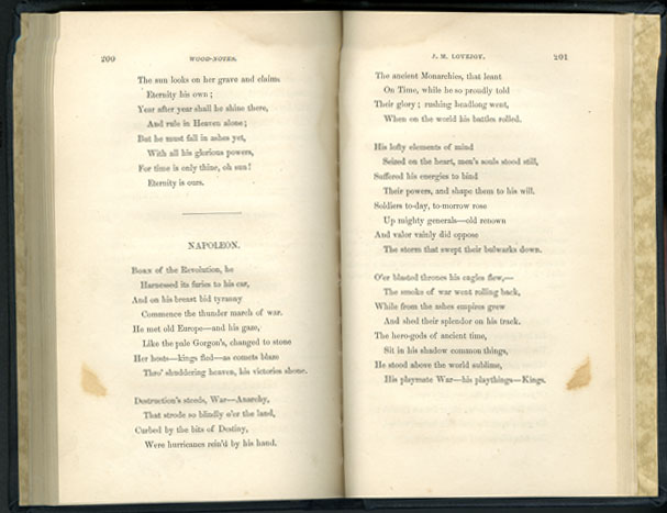 J. M. Lovejoy's poem "Napoleon," from Tenella's [Mayard Bayard Clarke] <i>Wood-Notes; or Carolina Carols: A Collection of North Carolina Poetry</i>, Volume I, published 1854 by Warren L. Pomeroy, Raleigh, North Carolina.  From the collections of the Government & Heritage Library, State Library of North Carolina. 