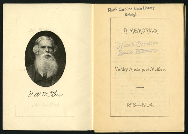 Photographic portrait of Vardry Alexander McBee. From Alfred Nixon's "In Memorium: Vardry Alexander McBee 1818-1904," published circa 1904. From the collections of the Government & Heritage Library, State Library of North Carolina.