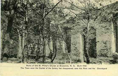 Postcard image of St. Philips Church ruins at Brunwick, NC, circa 1900-1910.  Old Brunswick town was founded by Maurice Moore and his brother, Roger Moore, although the church was most likely built following Moore's death.  Item H.1946.14.57 from the collections of the North Carolina Museum of History. 