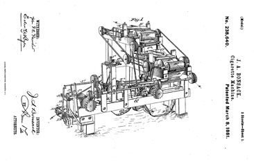 The J.A. Bonsack Cigarette Machine, patented March 8, 1881.  William Thomas O'Brien made a number of significant refinements to Bonsack's machine.  From Google Patents.