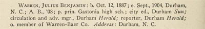 Image of alumni directory entry for Julius Benjamin Warren, from the <i>Trinity Alumni Register </i> of Trinity College, Durham, NC, April 1915. 