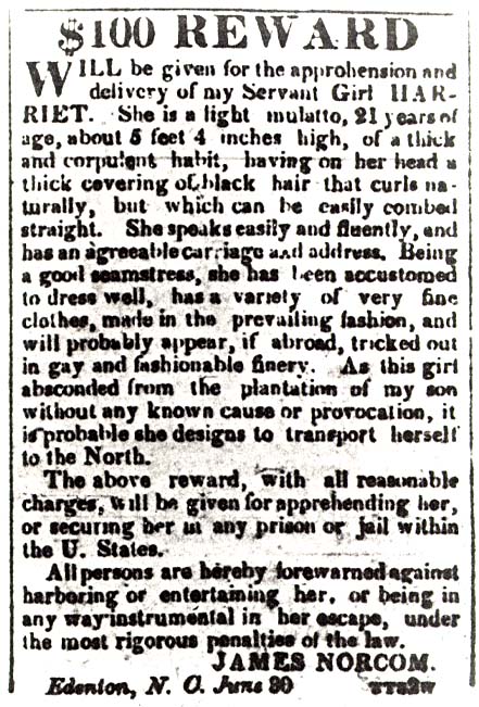 Runaway slave notice about Harriet Jacobs