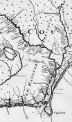 (Click to view map) A map created by Edward Moseley in 1733 documenting two Welsh settlements along the Cape Fear and Northeast Cape Fear Rivers in southeastern North Carolina. Map Collection (MC no. 17), Special Collections Department, Joyner Library, East Carolina University, Greenville.